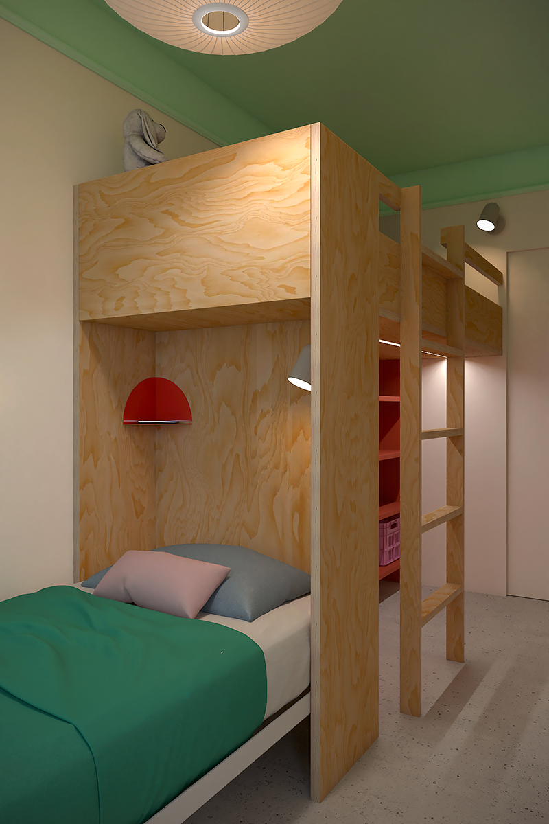 Lits superposés sur-mesure en multiplex de bois avec aplats de couleurs vives dans une chambre d'enfants ludique