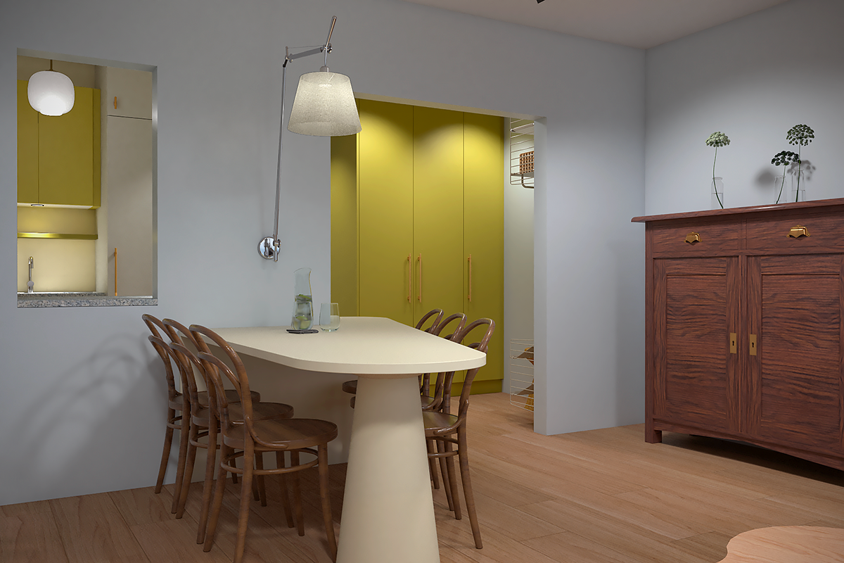 Aménagement d'une salle à manger lumineuse dans un appartement à la mer, avec mobilier épuré et décoration sur-mesure signée mökki mökki.