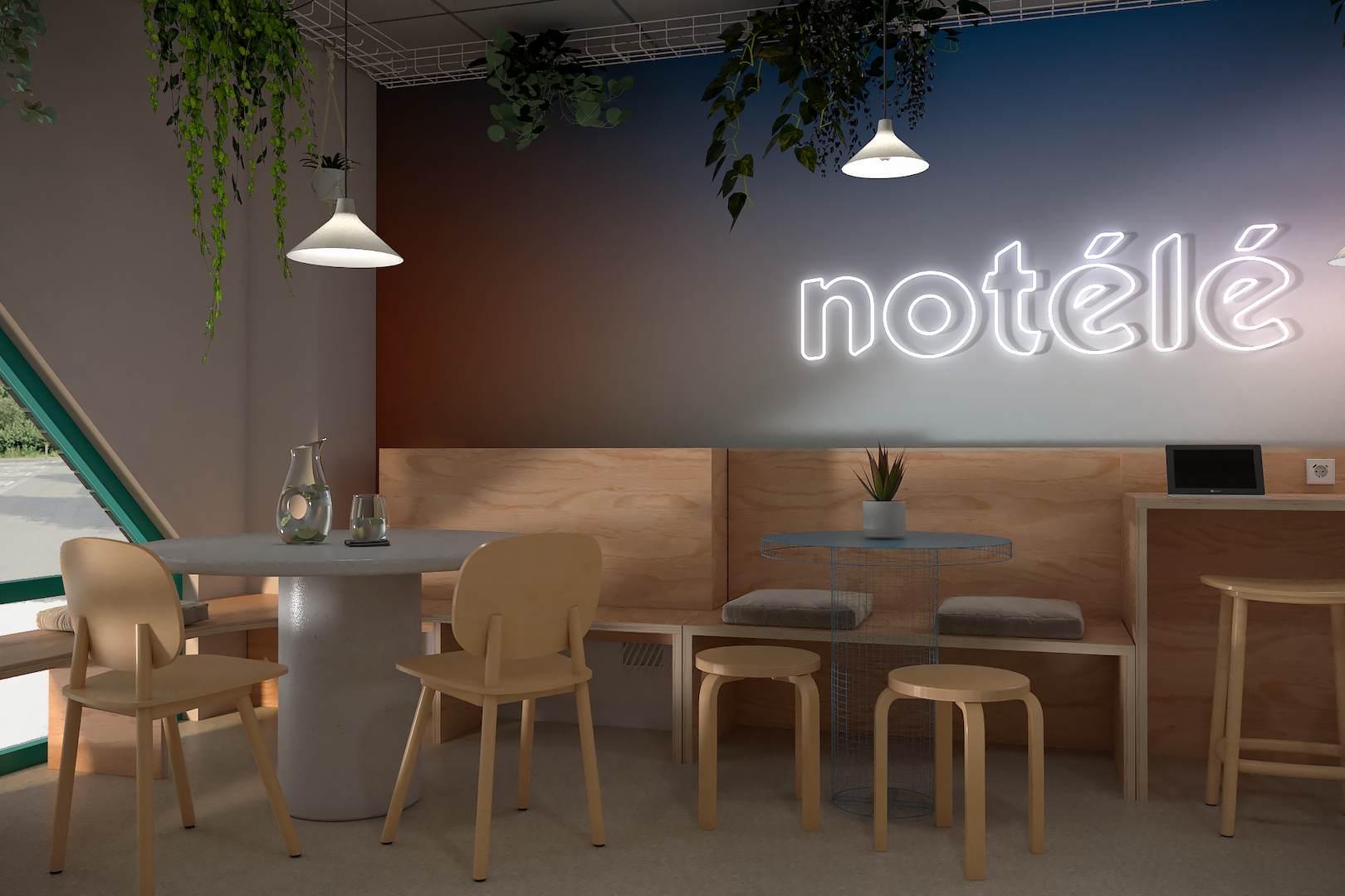Mobilier de cafétéria d'entreprise en bois chaleureux créant une zone de repas conviviale pour la qualité de vie au travail