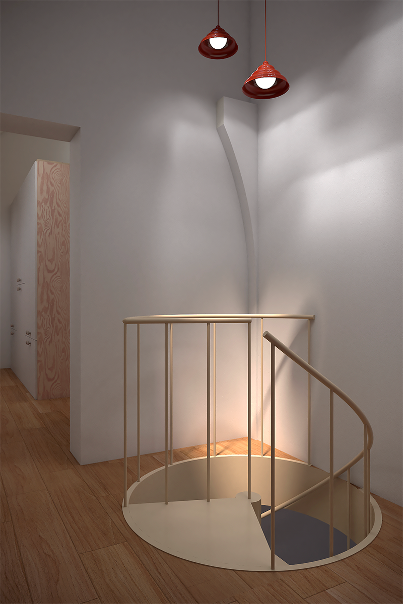 Aménagement d'un escalier hélicoïdal beige gain de place, sublimé par des luminaires suspendus terracottas apportant une touche de couleur chaude