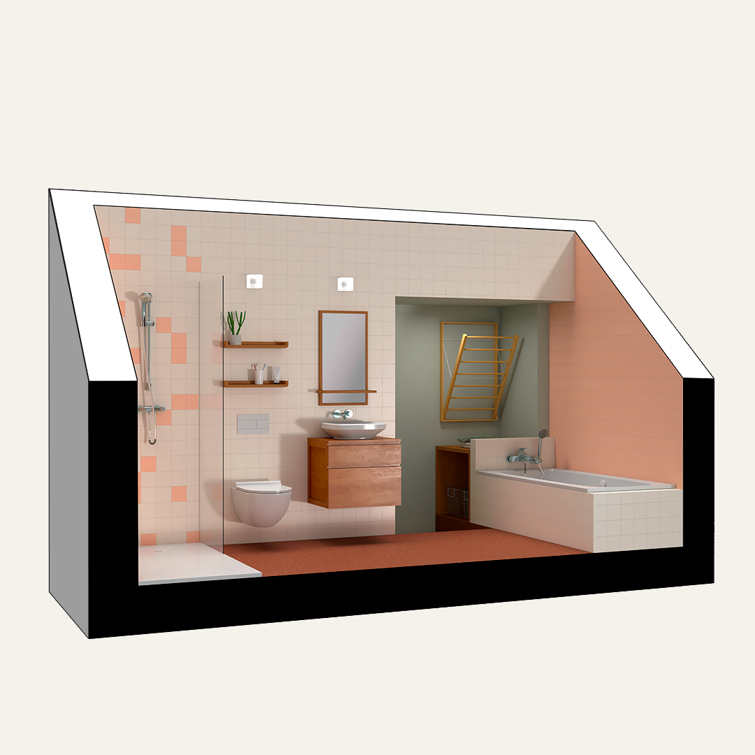 Rénovation d'une salle de bain compacte au style rétro coloré combinant une douche, une baignoire et un meuble vasque design à Ath