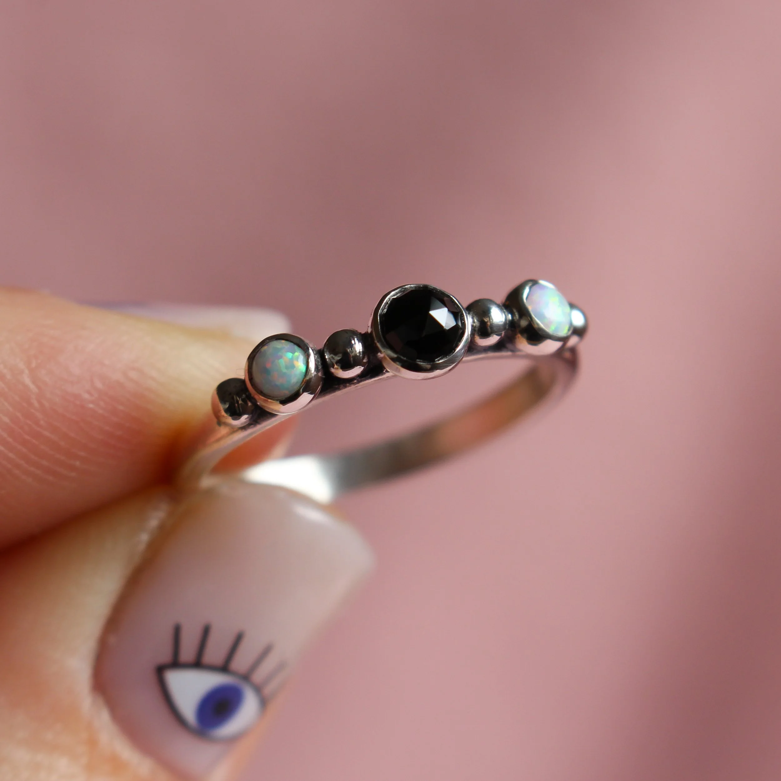 Black spinel and white synthetic opal stacking ring 🎃made to order🎃