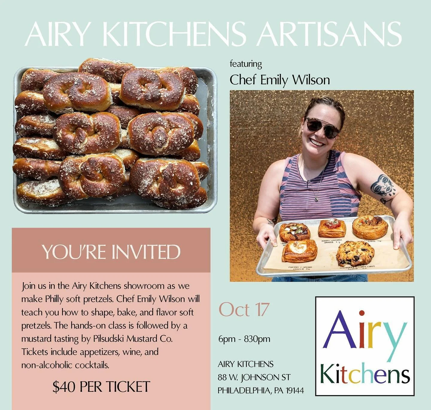 Join us for #akartisans: Philly Pretzels! This hands-on class led by @eemilywilsonn will teach us to shape, bake, and season soft pretzels. Enjoy a mustard tasting by @pilsudskimustard and some libations at the Airy Kitchens showroom. Link in our bio