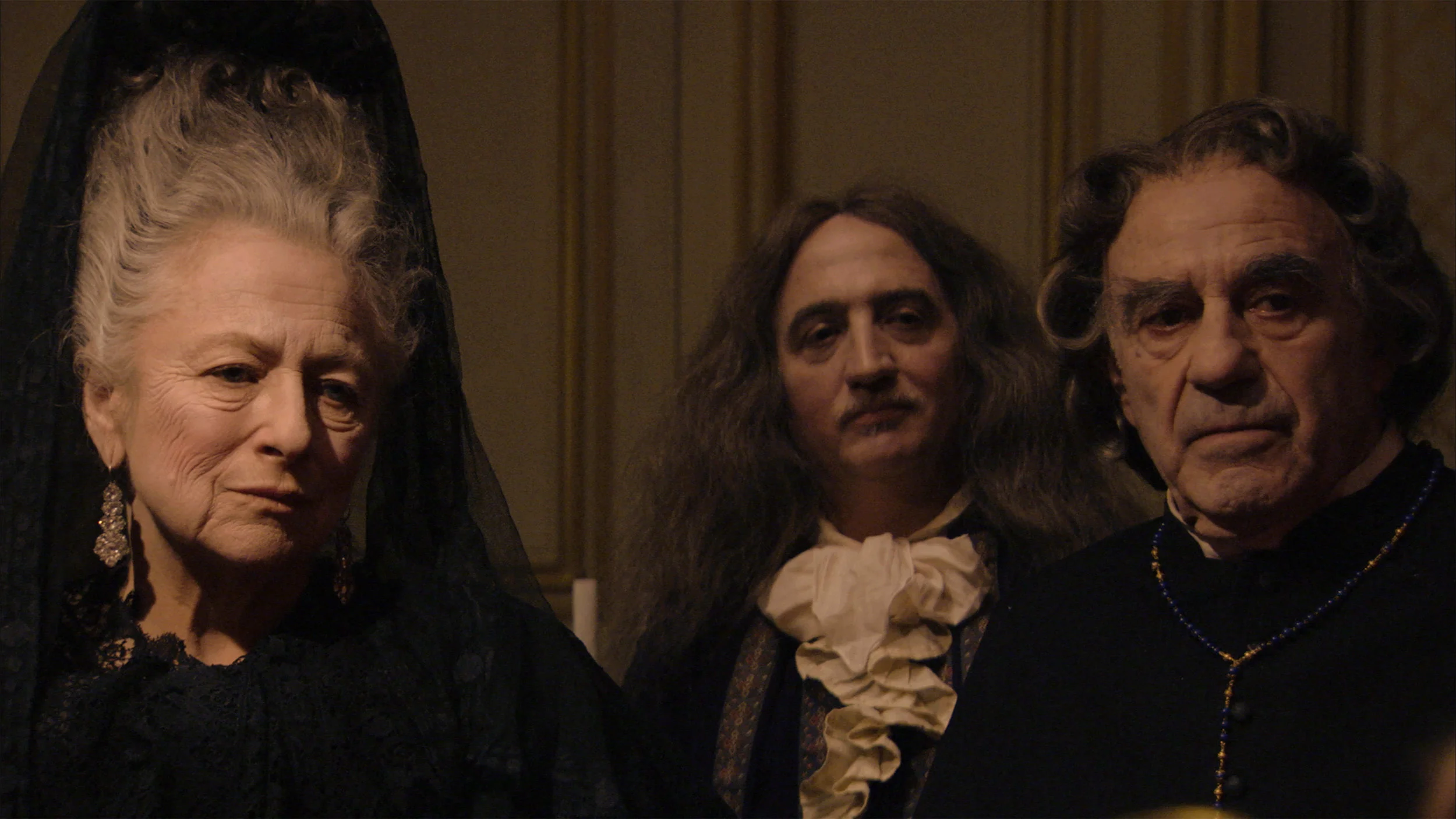 Irene Silvagni, Marc Susini and Jacques Henric in a scene from Albert Serra's The Death of Louis XIV . Courtesy of Cinema Guild.