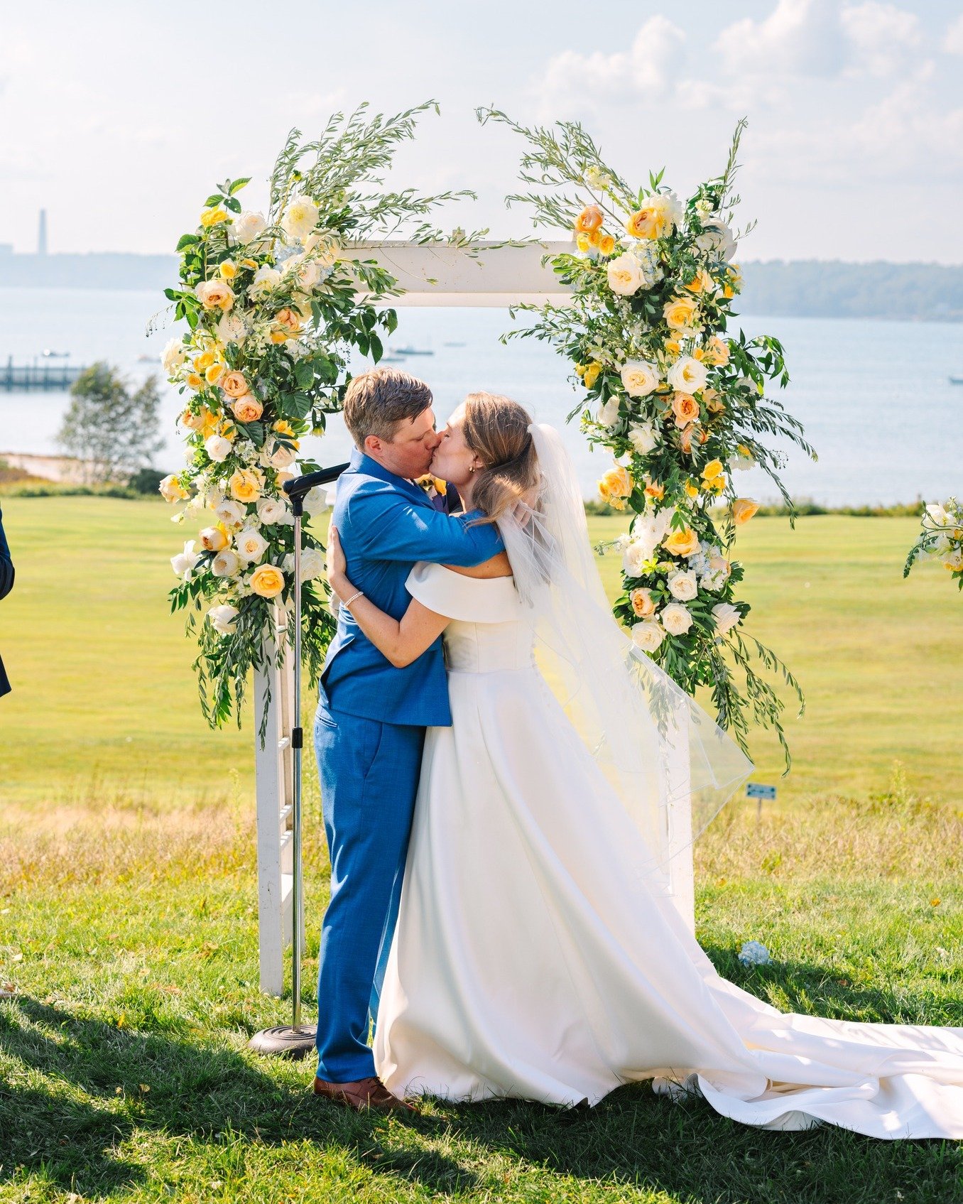 Kaley + Pete &mdash; a love as bright as the Casco Bay sun, sealed with a kiss at Chebeague Island Inn.
