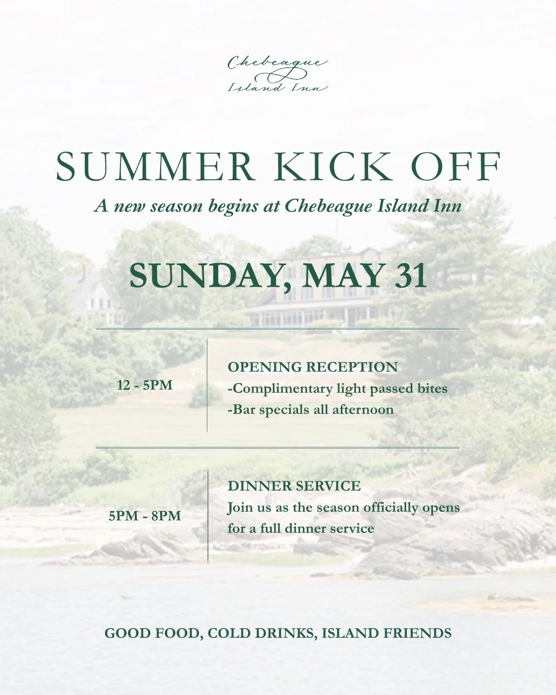 A new season begins at Chebeague Island Inn.🐚

Join us on Sunday, May 31 as we kick off summer with an Opening Reception from 12&ndash;5pm featuring complimentary passed bites and bar specials all afternoon, followed by dinner service from 5&ndash;8