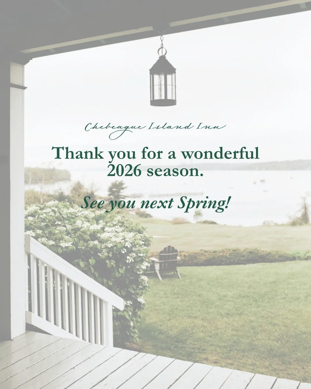 Thank you for a wonderful 2026 season. To everyone who stepped off the ferry, sat on the porch with a drink at sunset, got married on the lawn, or came back for one more summer with us, we're grateful. The inn is quiet for the winter, but we'll be ge