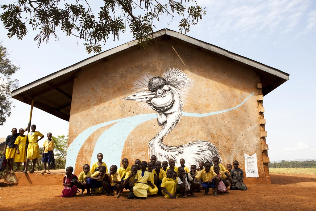 Mural painted of the country's bird, the Uganda Crested Crane at a local primary school in Jinja, Uganda