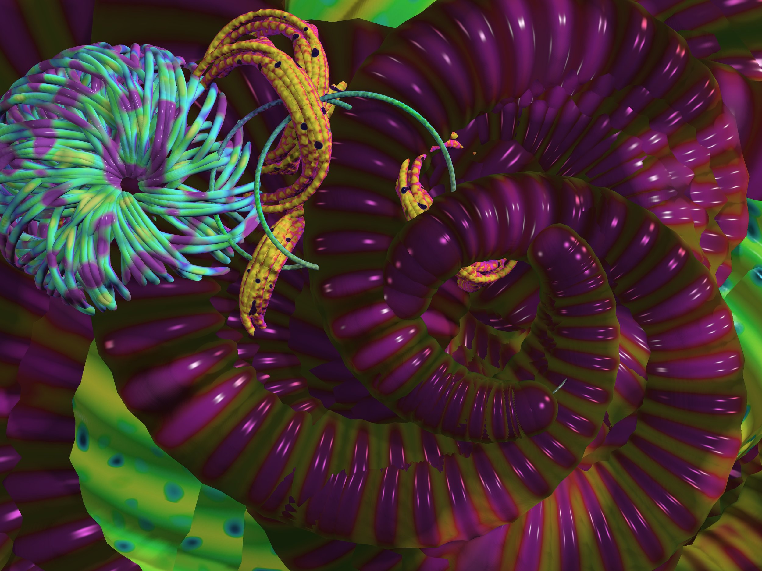 In VR view of Coiled Red Organic Forms in Mutator VR: Mutation Space (Computer Generated in Real-Time)