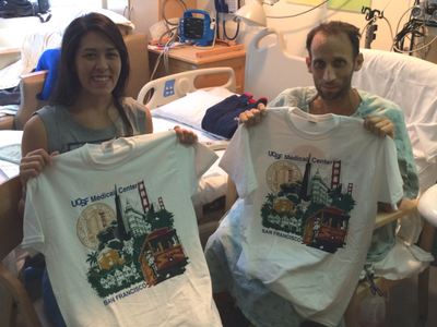Days after surgery, Tiffany and Randy earned shirts for walking laps around the hospital as part of their recovery. (Photo courtesy Tiffany Henness/ Thoroughly Thriving )
