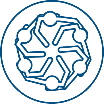 An icon symbolizing Team Belvedere. An overhead view of people in a huddle with their hands in.