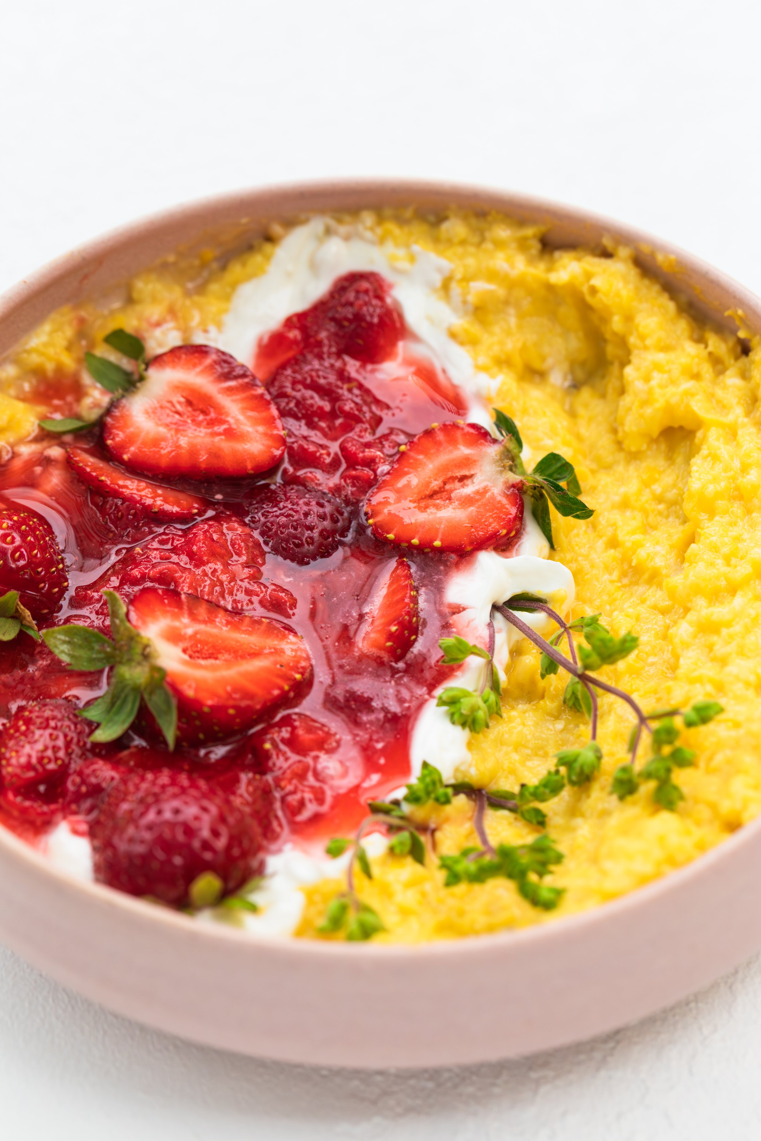 Sweet Corn Polenta with Crushed Strawberries and Sour Cream