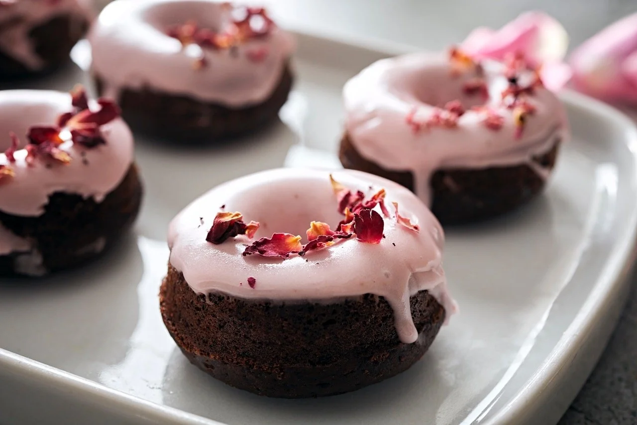 Vegan Chocolate Donuts with Strawberry Icing from The Modern Hippie
