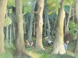 Children playing in a lush forest with tall trees and green foliage.
