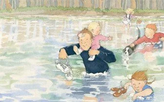 Children playing and swimming in a lake or pond with a wooden fence in the background