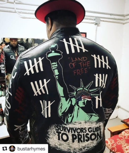 Busta Rhymes hosting "Survivors Guide to Prison" film. What Style & Resilience PR did: Curated custom hand painted Jacket by our artist Ardita Jani. Curated art that highlighted social issues