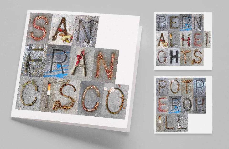 A series of notecards highlighting San Francisco neighborhoods.
