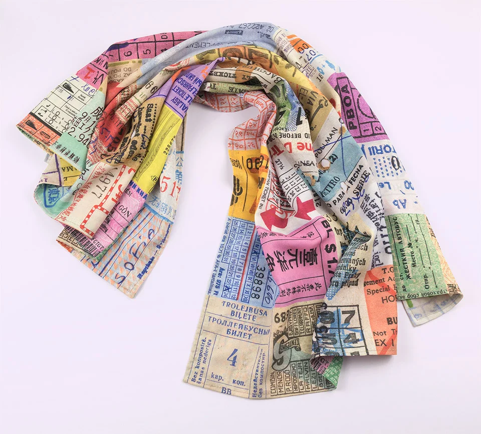 Tickets Scarf is composed of colorful graphic details of train, bus, and subway tickets collected during my over 25 years of traveling the world.