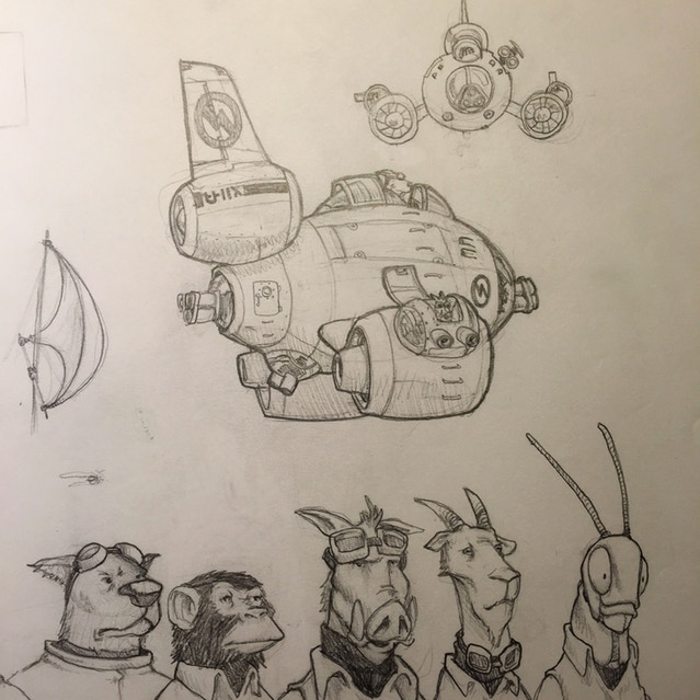 One of my first drawings for what would become SkyHeart. A group of crazy animals flying around in a gunship.