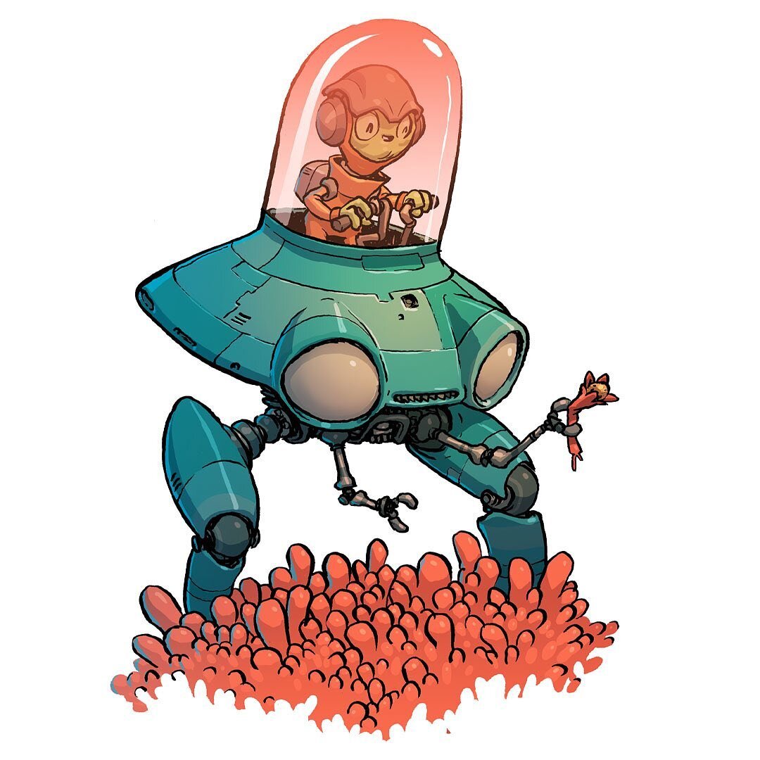 Saucerbot harvesting some coralcukes.

#marchofrobots 

#mechas #powersuit #robotica #comicart #flyingsaucer