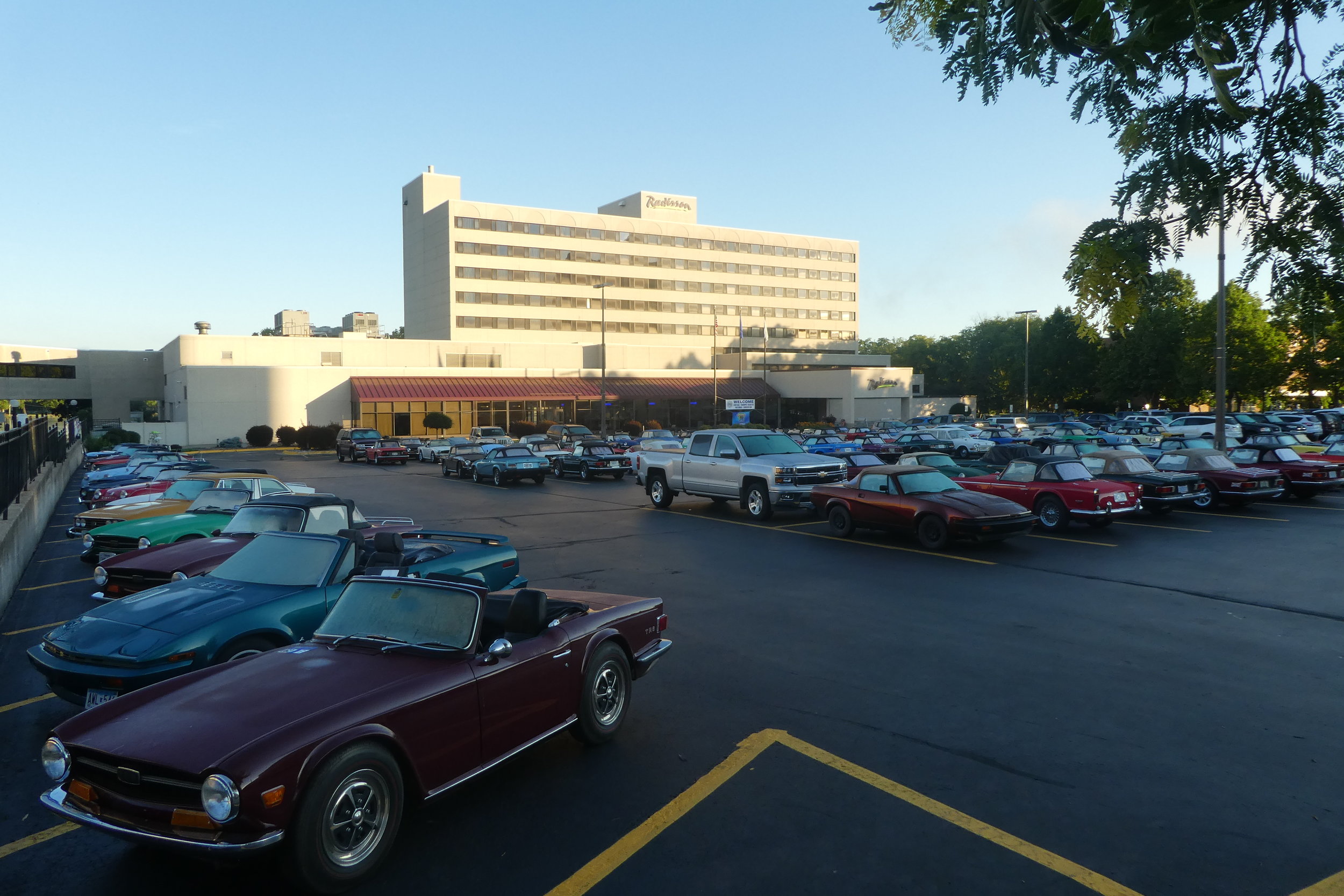  Host Hotel parking lot full of Triumphs! And the truck (loaded with supplies and hardware) belong to Greg, the VTR Coordinator 