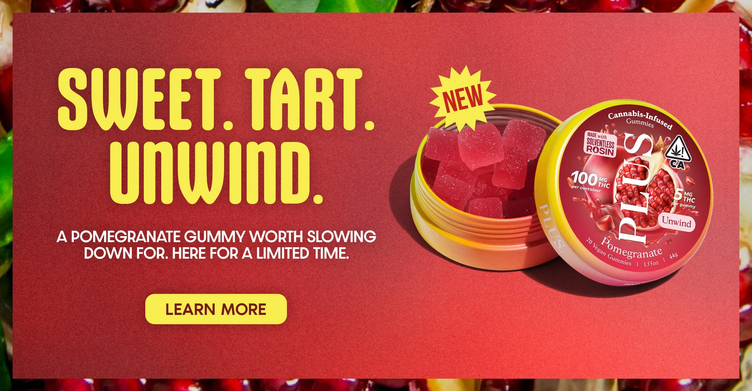 new plus pomegranate gummy announcement with tin and gummies