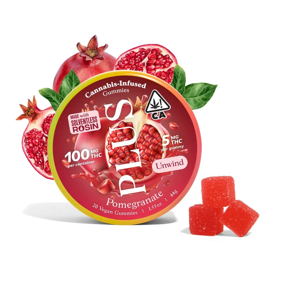 plus pomegranate gummy with tin and fruit