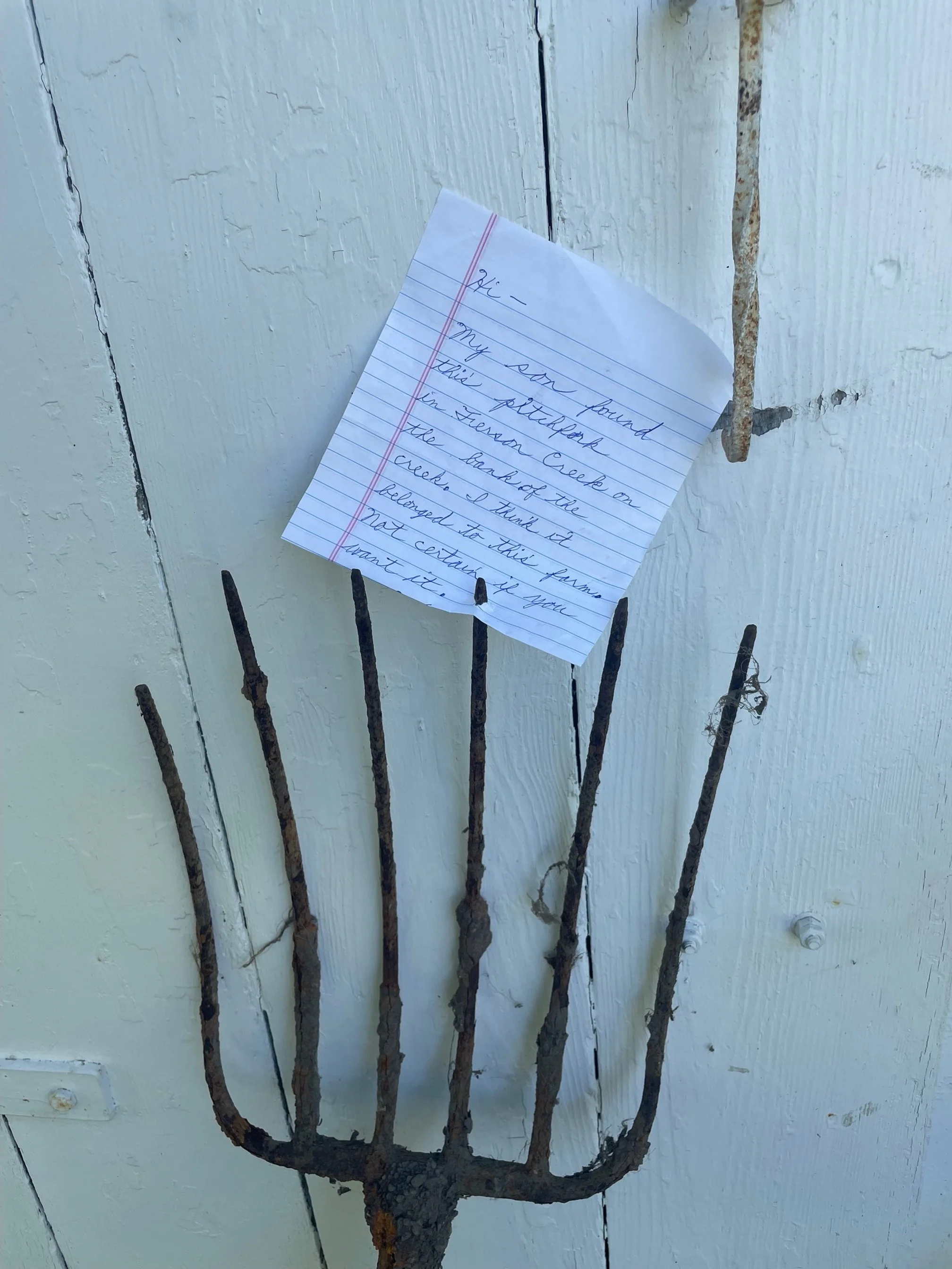 Old pitchfork close-up found in Ferson Creek at LeRoy Oakes Forest Preserve