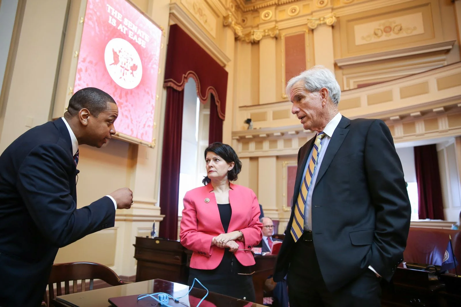 With the Senate at ease, Lieutenant Governor Fairfax, Senator Saslaw, Senate Minority Leader, and myself discuss pending legislation.