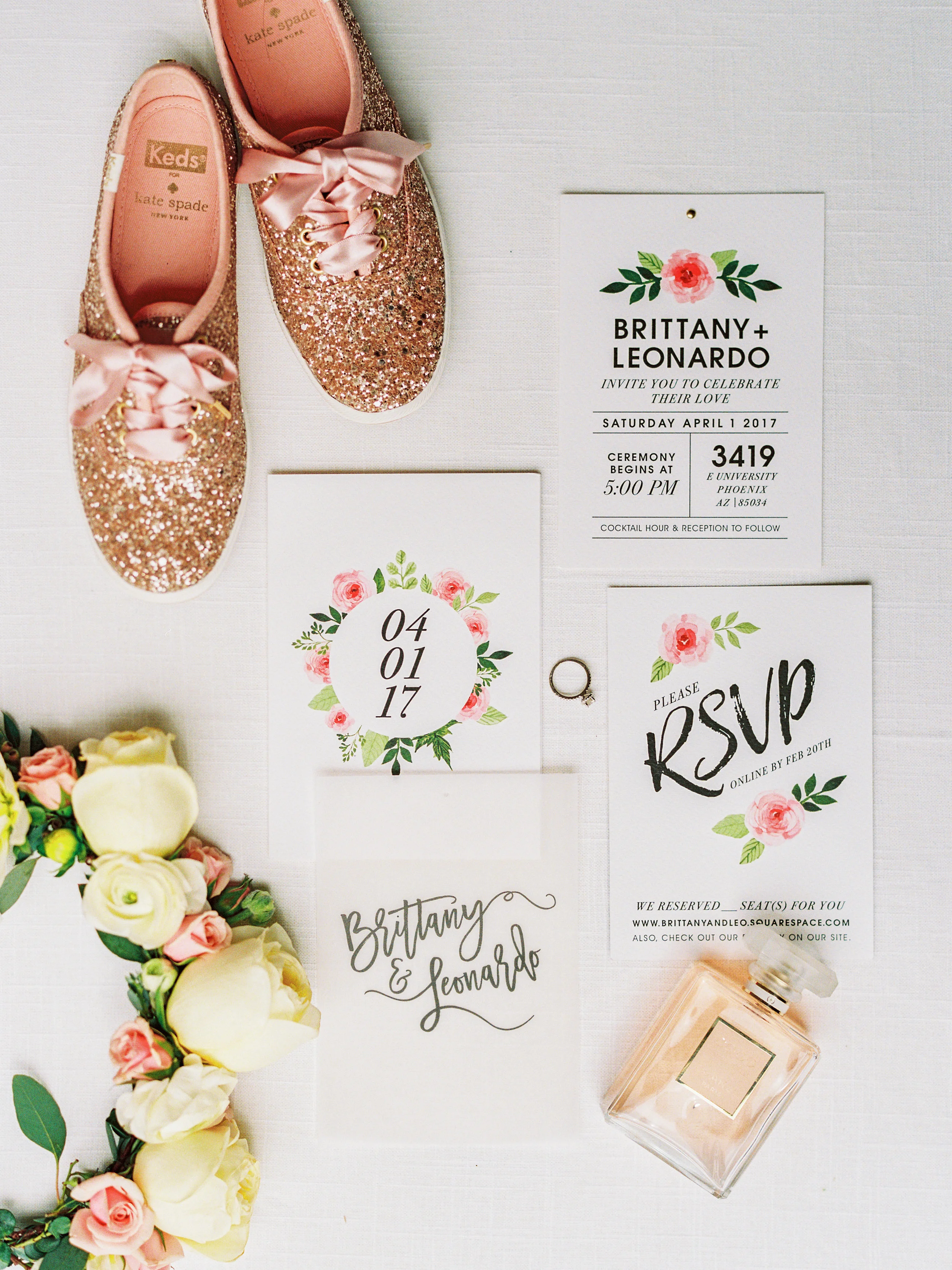 Invitation Design by me (Brittany). Side note: I was dying to have these sparkly Kate Spade Keds and the only place I could find them in my size was on Poshmark .