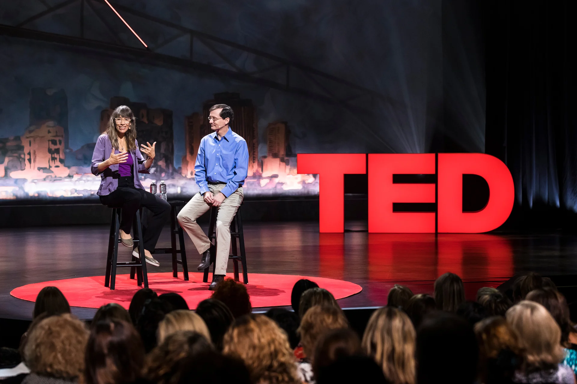 Joan Blades ( Living Room Conversations ) & John Gable ( All Sides ) speak at TEDWomen 2017 — Bridges, November 1-3, 2017, Orpheum Theatre, New Orleans, Louisiana. Photo: Stacie McChesney / TED