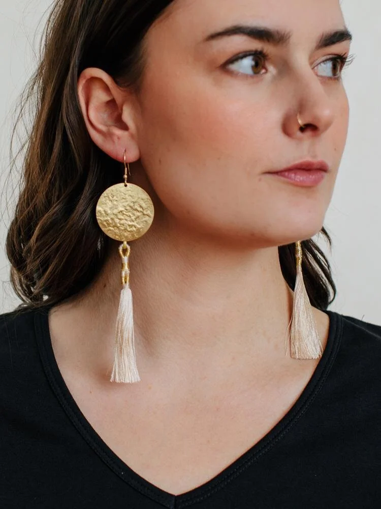 La Luz Earrings: hammered electro-plated brass, silk thread, metallic thread