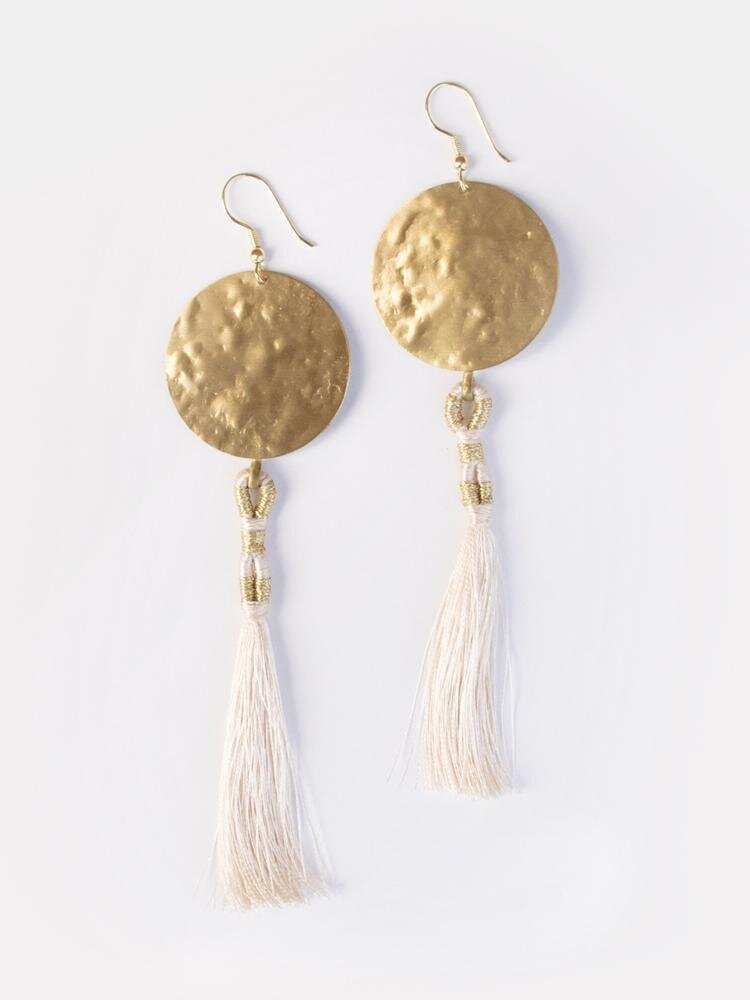 La Luz Earrings: hammered electro-plated brass, silk thread, metallic thread