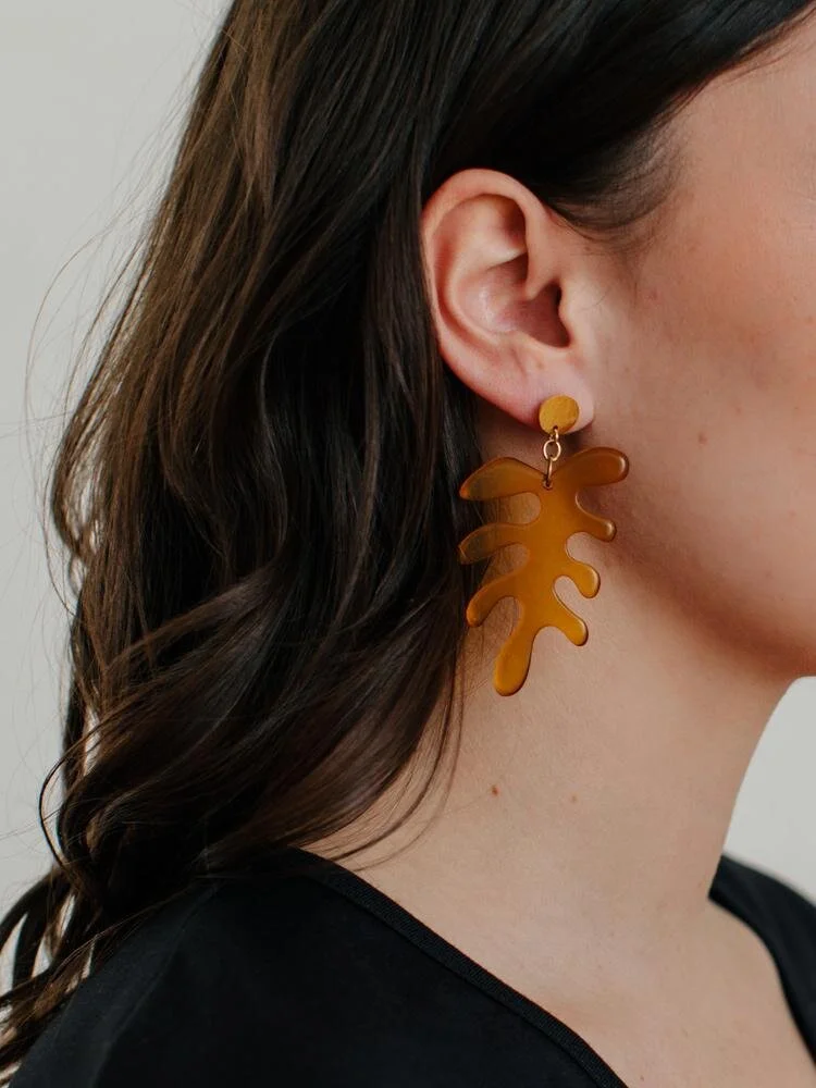Matisse Leaf Earrings: resin, electro-plated brass