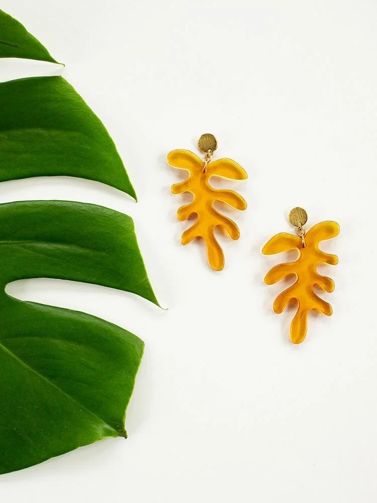 Matisse Leaf Earrings: resin, electro-plated brass