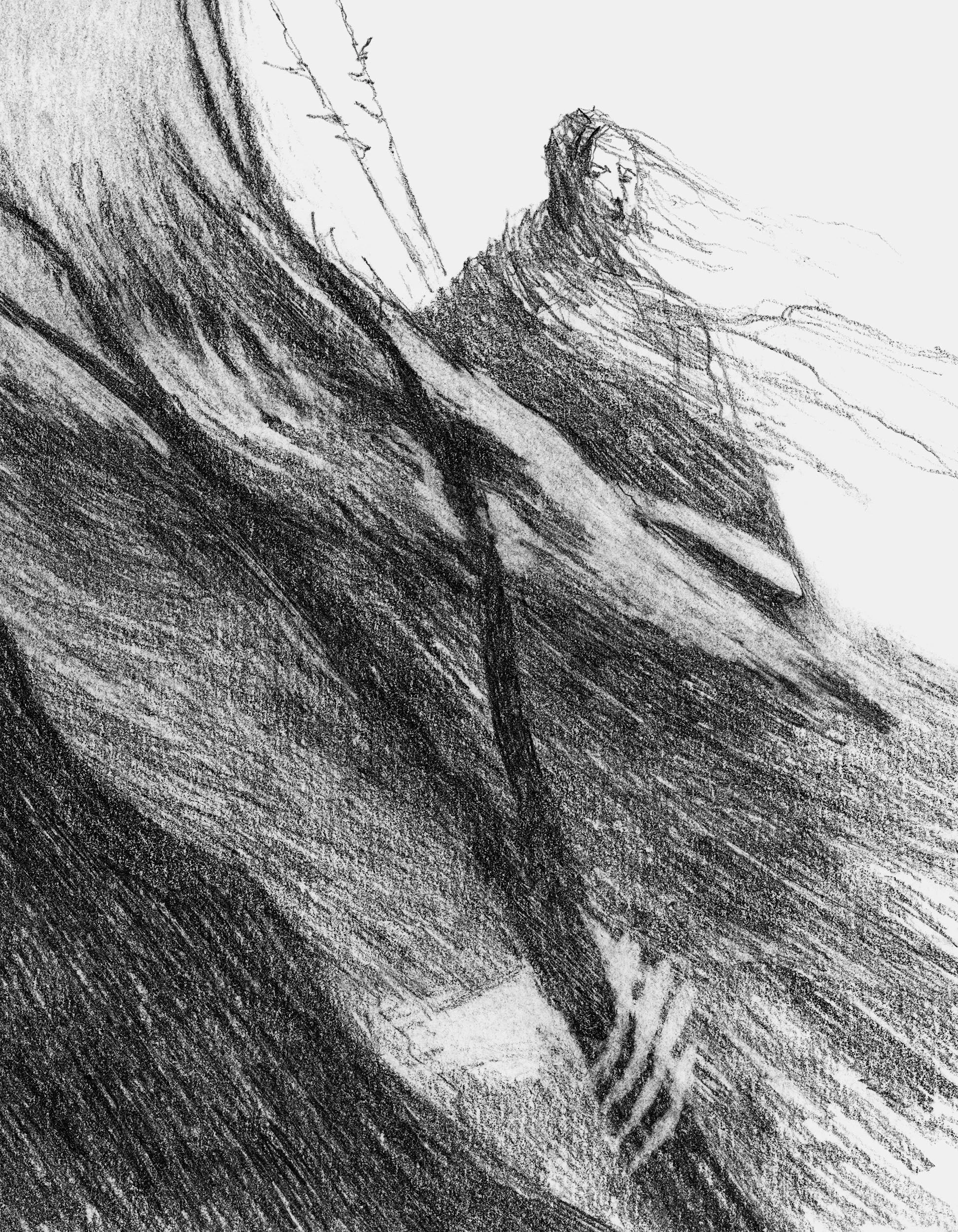 "Huntress" Girl And Bone Dragon Pencil Drawing