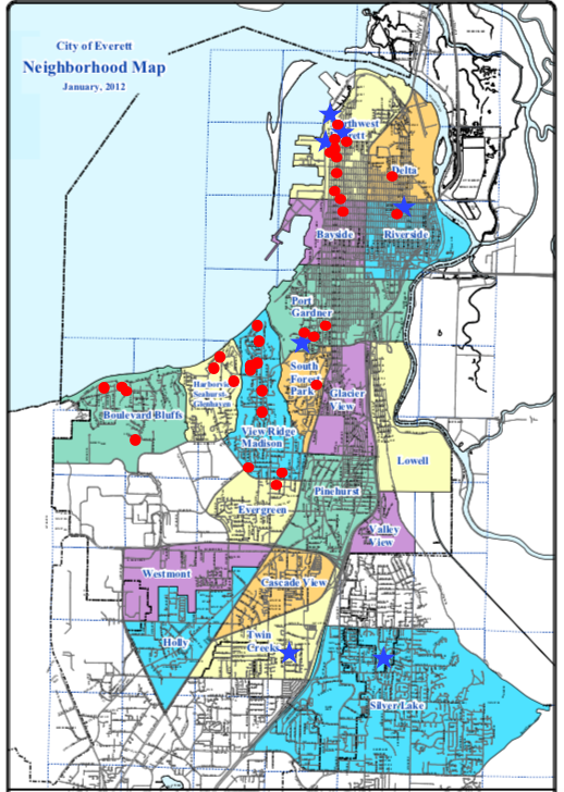 This map shows the neighborhoods of Everett. Red dots are locations of city council members from 1980 to 2017. Blue stars are the locations of the council members now. As you can see, there are areas of the city with a historic lack of representation and some areas that have never had direct representation.