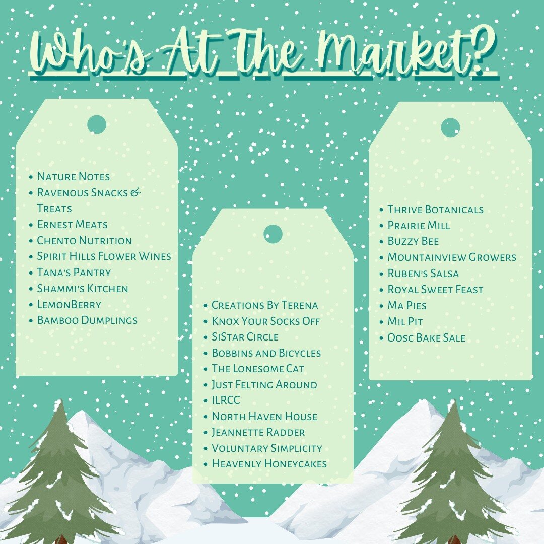Stop in at the HSCA For the Last Farmers Market of 2023 This Wednesday 3-7pm.
We'll be celebrating a very local holiday with all your favourite vendors and more!
With family activities, cookie decorating, smores, and coffee/ hot chocolate available f