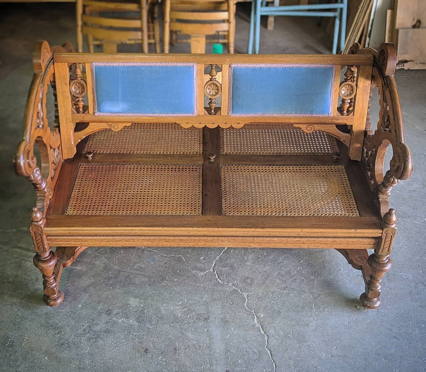 This antique hand caned beauty is done and heading home with a happy customer.

Restoration included new hand caned seats. The new cane blends so well that you would never know it was replaced.