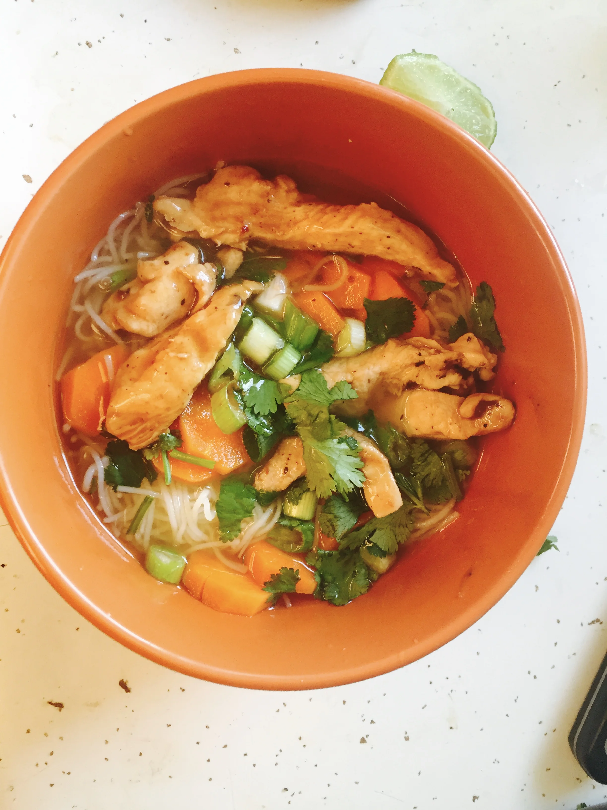  This Week's Recipe of the Week - Thai Chicken Soup Ingredients A lb of chicken ( I got thin sliced boneless skinless breasts) Scallions Bunch of Cilantro Thai Rice Noodles - 0.5 of package Thai Fish Sauce Lime Sugar (tbs) 3.5 cups of chicken Stock (I used Goya chicken boullion to make my chicken stock) carrots (2-3) - Thinly Sliced Plan of Attack: - Boil 6-7 cups of water and submerge the rice noodles. Cook for 3-5 minutes. drain pot and rinse noodles in cold water. - Cut the chicken into thin strips and marinate in whatever marinade works for your palate. Used Lawry's Balsamic herb marinade for meat and fish. Add olive oil to your medium skillet - butter can also be used. Saute the chicken until cooked through. Put aside. - Combine chicken stock, 2-3 tbs of Thai Fish sauce, tbs (or so) of lime juice, sugar, and thinly sliced carrots in a stockpot. Bring broth to a boil. - Add the chicken to the dish with the noodles and pour broth over both. Serve in individual bowls and garnish with chopped scallions and cilantro. *Makes 6 sm-medium portions. My opinion: This was a light refreshing soup and if I were to make this recipe again I would experiment to other ways of preparing the chicken. I might also try adding celery or additional Asian vegetables to the broth. This recipe is a slight variation of the recipe which was on the back of the Thai Kitchen rice noodles box...in cooking, as in rice, I put my own spin on things...