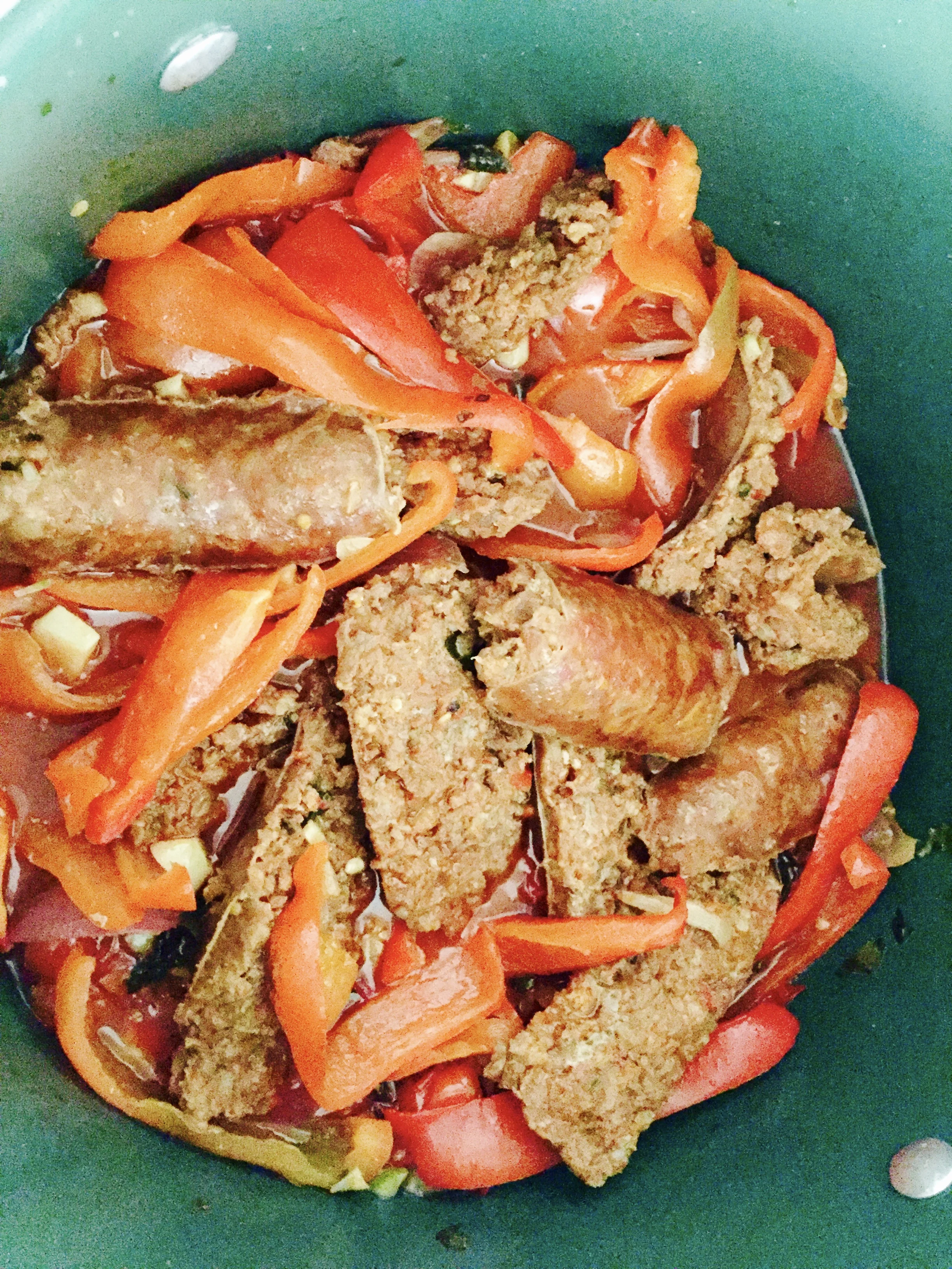 Ingredients:6-9 Sausage Italian Sausage Links (mixture of spicy and sweet)3-5 tbls of brown sugar2-3 cloves of garlicRed, orange and green pepper (2 of each- total of 6)Powdered garlicCinnamon (yeah, I am serious, I said cinnamon)2 tbls of olive oil…