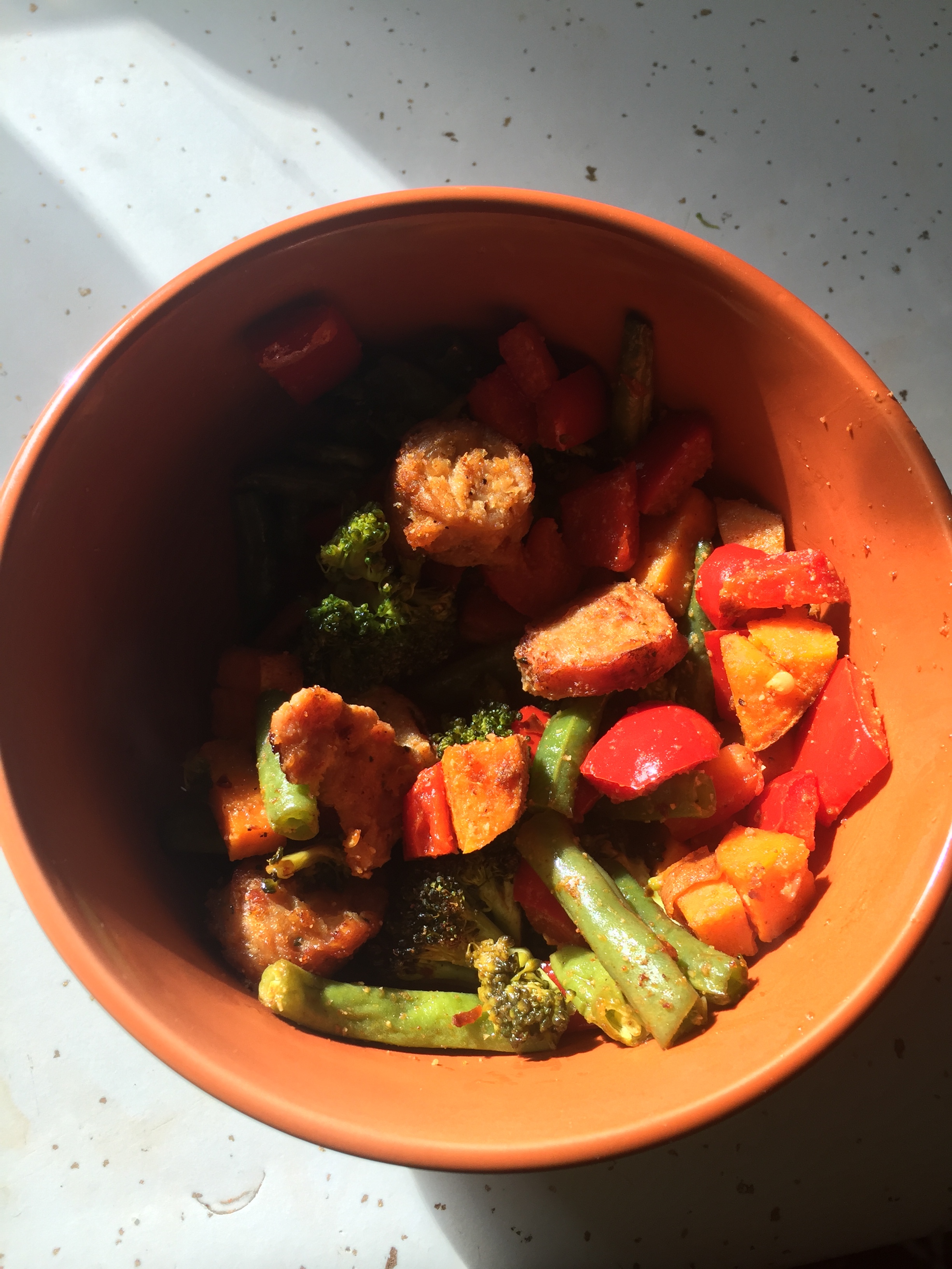 Ingredientslb of green beans ( trimmed and cut)broccoli (medium crown)red pepper (medium dice)2 sweet potatoes (cut into bite size pieces)9-13 oz of chicken or turkey sausage (either smoked ahead of time or browned/cooked in a skillet)cumin (to tast…