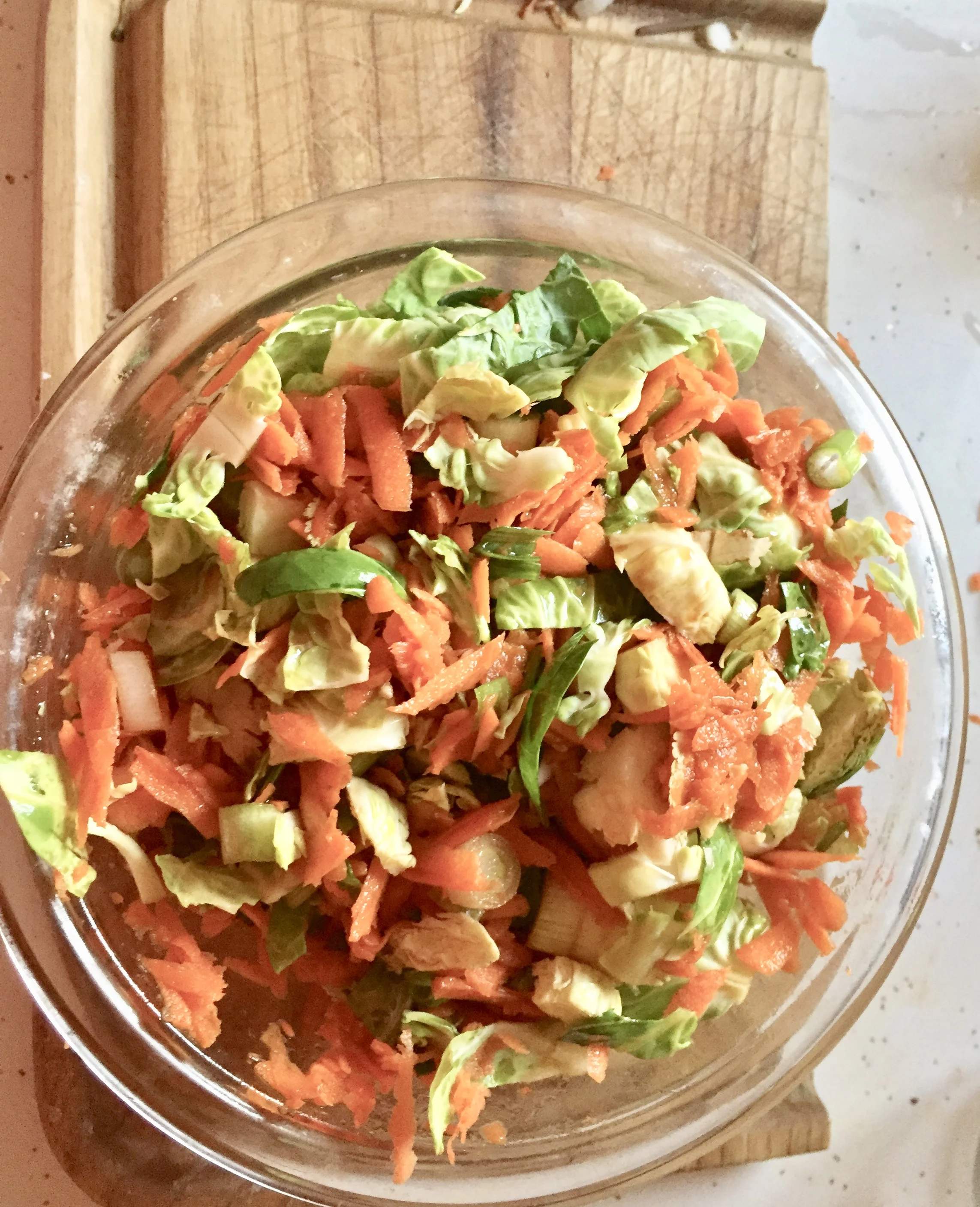 IngredientsLb of Brussels sprouts2-3 medium carrots, peeled and shredded2 green scallions, dicedcilantro (to taste)edamame (cup or so)Dressing:cup of olive oil3 tbsp of apple cider vinegar2-3 tbls of soy sauce2 tsp of honey Chop the Brussels sprouts…