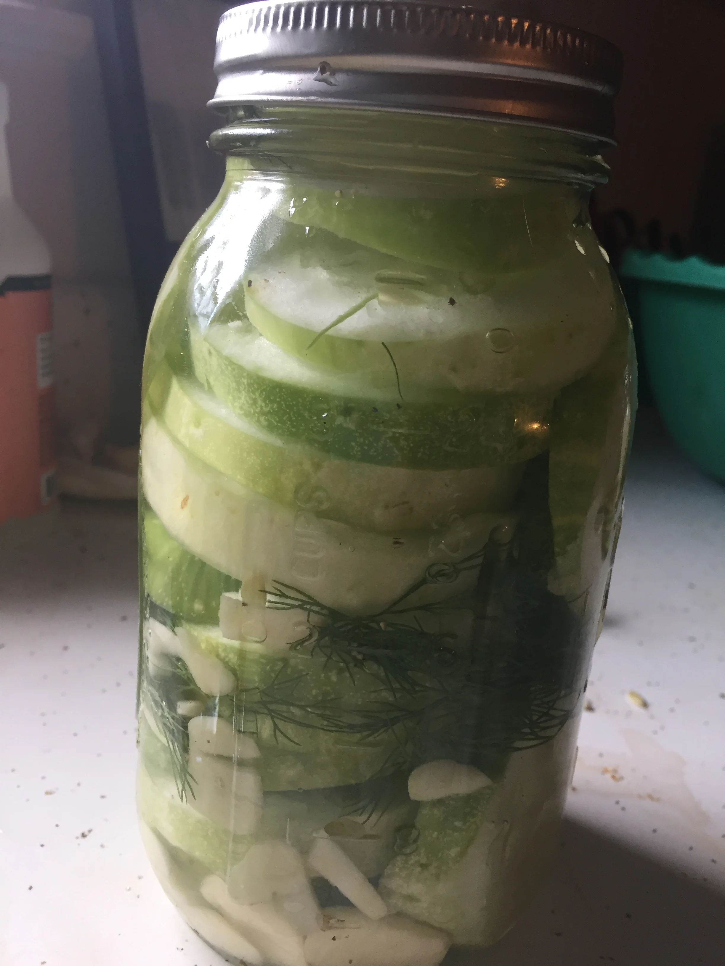 Ingredients3 Medium cucumbers (my were very girthy, which I am always in favor of (Within reason) in my pickles). I am a cucumber afficionado.bunch of dill3-5 cloves of garlictbs of sea salt1.5 cups of white vinegartbs of sugar3.5 cups of water*Opti…