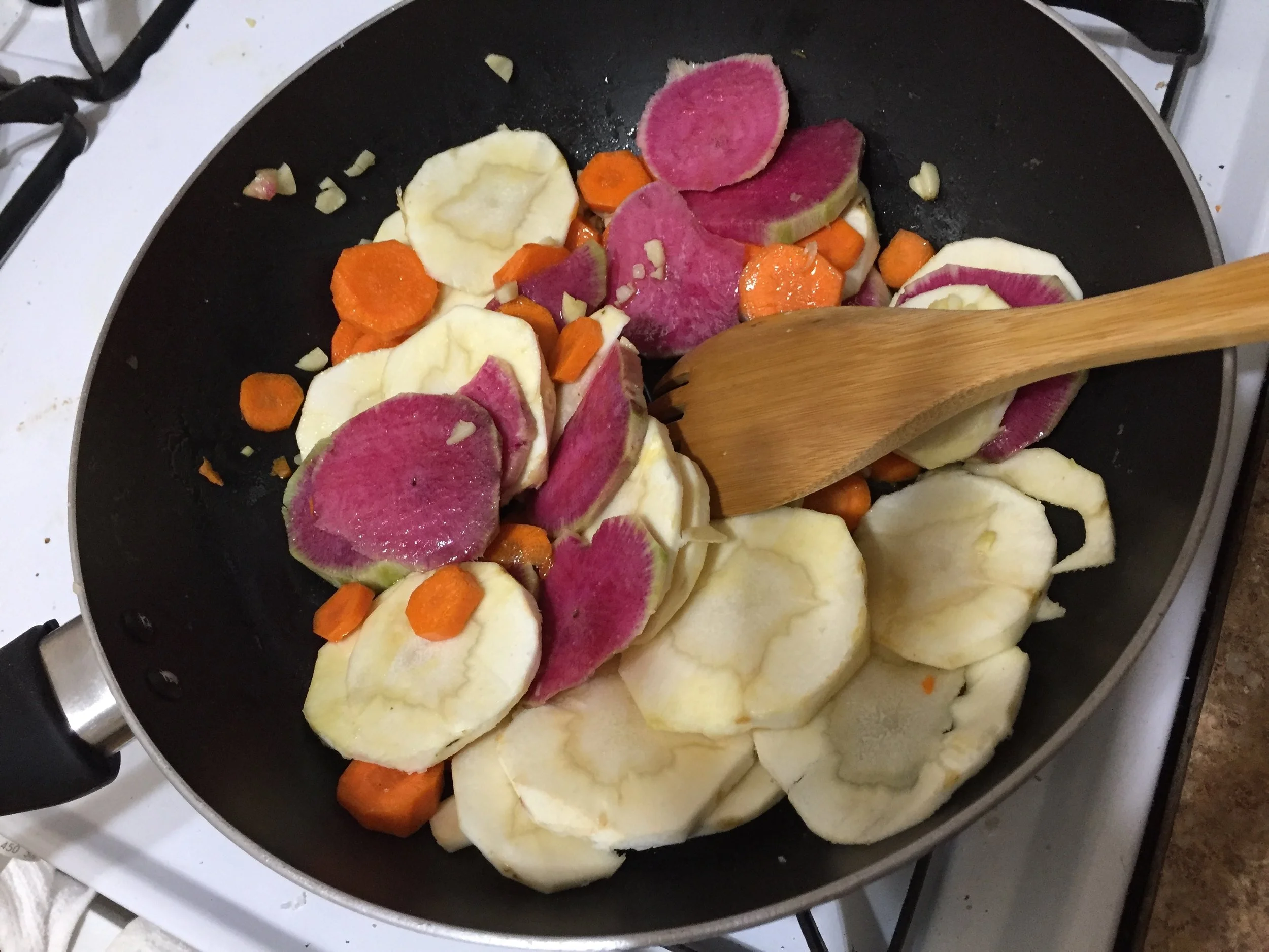 Cook for 5- 9 Minutes, and then add tbs of honey, vinegar (to taste), and salt, pepper and powdered garlic.