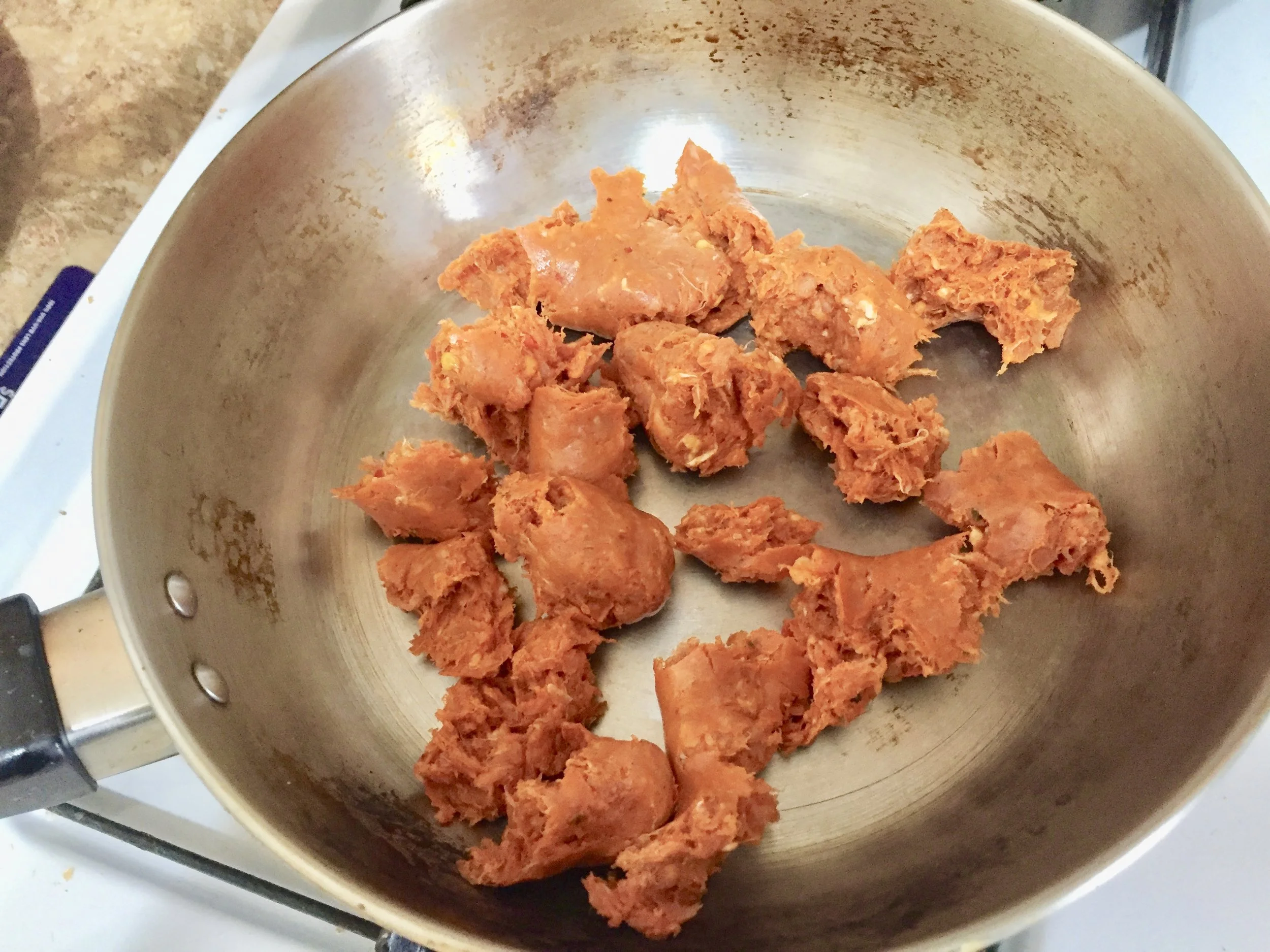 After it is done cooking, set sausage aside but reserve the juice in the pan.