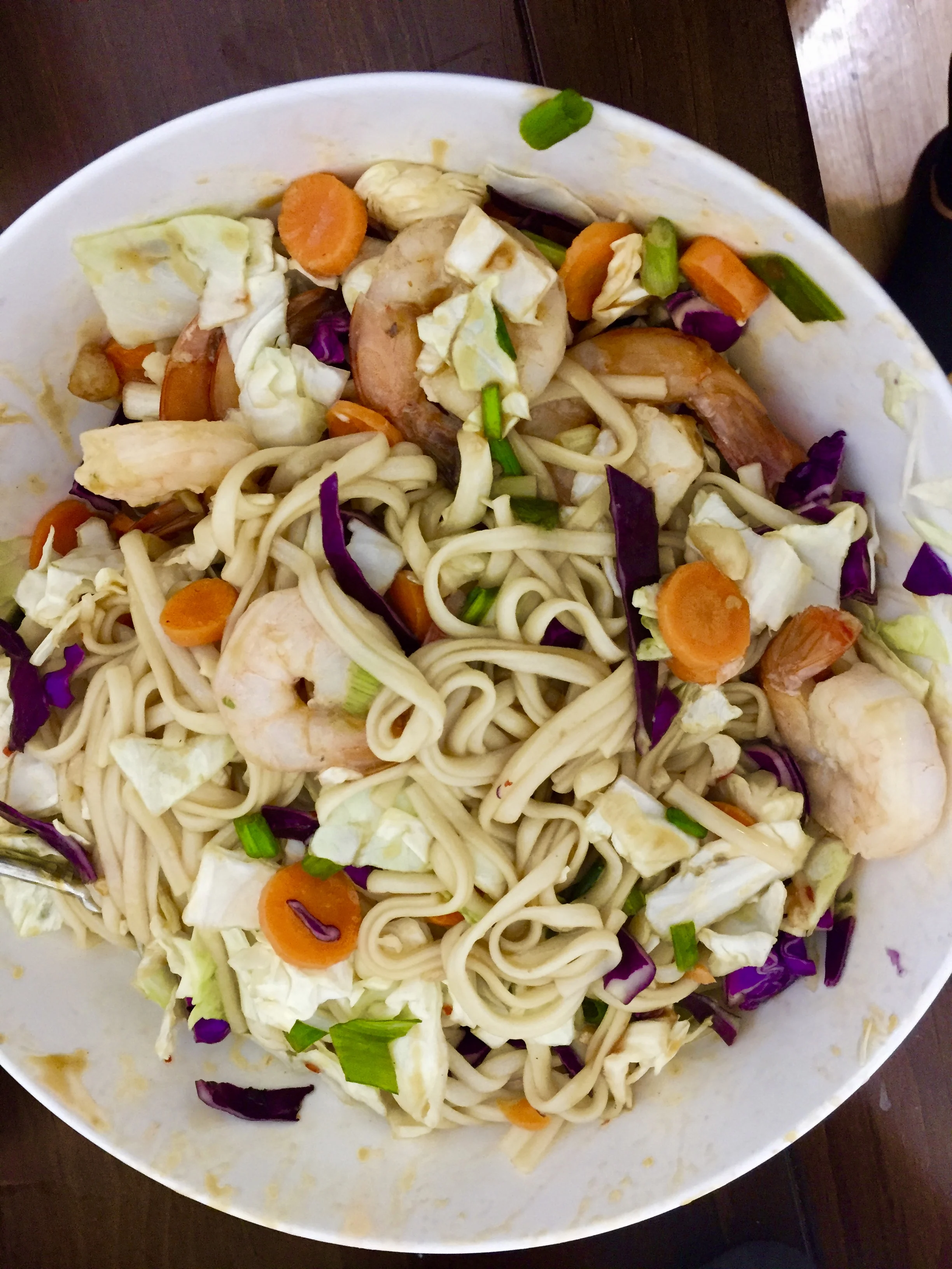 IngredientsPackage of Japanese Kame NoodlesGreen and Red Cabbage5-6 Scallionslb of raw, deveined tail on shrimpKame Sweet Chili SauceIron Chef Teriyaki SauceOlive Oil (an abundance)Salt and pepperSoy Sauce*Cilantrocarrots&nbsp;2-3 Garlic cloves*opti…