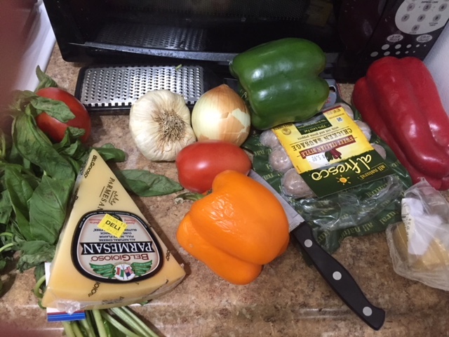 IngredientsParmesan CheeseOrange, Red and Green Bell PepperBunch of Basil5-6 Cloves of GarlicSpanish Onion3-6 Chicken Sausage Links *with red and green peppers2-3 tbls of brown sugarSea SaltOlive OilPlum tomatoes (2-3 medium)&nbsp; &nbsp; &nbsp; &nb…