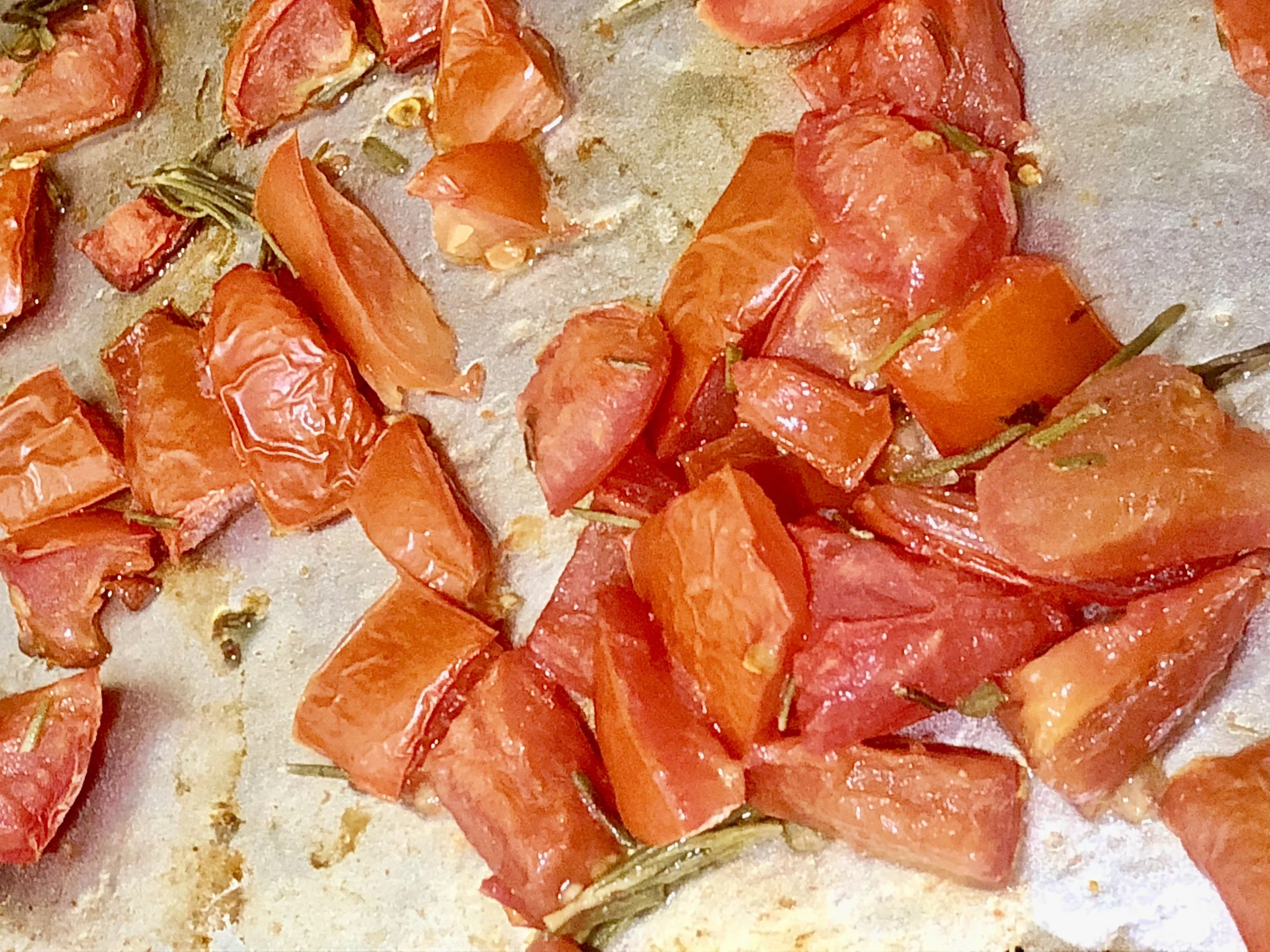 Roast the tomatoes until the skins pucker and they taste roasted and sweet.. Remove and put aside.While the tomatoes are roasting, make the base for the soup.Dice the bacon and put on the bottom of medium stockpot on medium heat