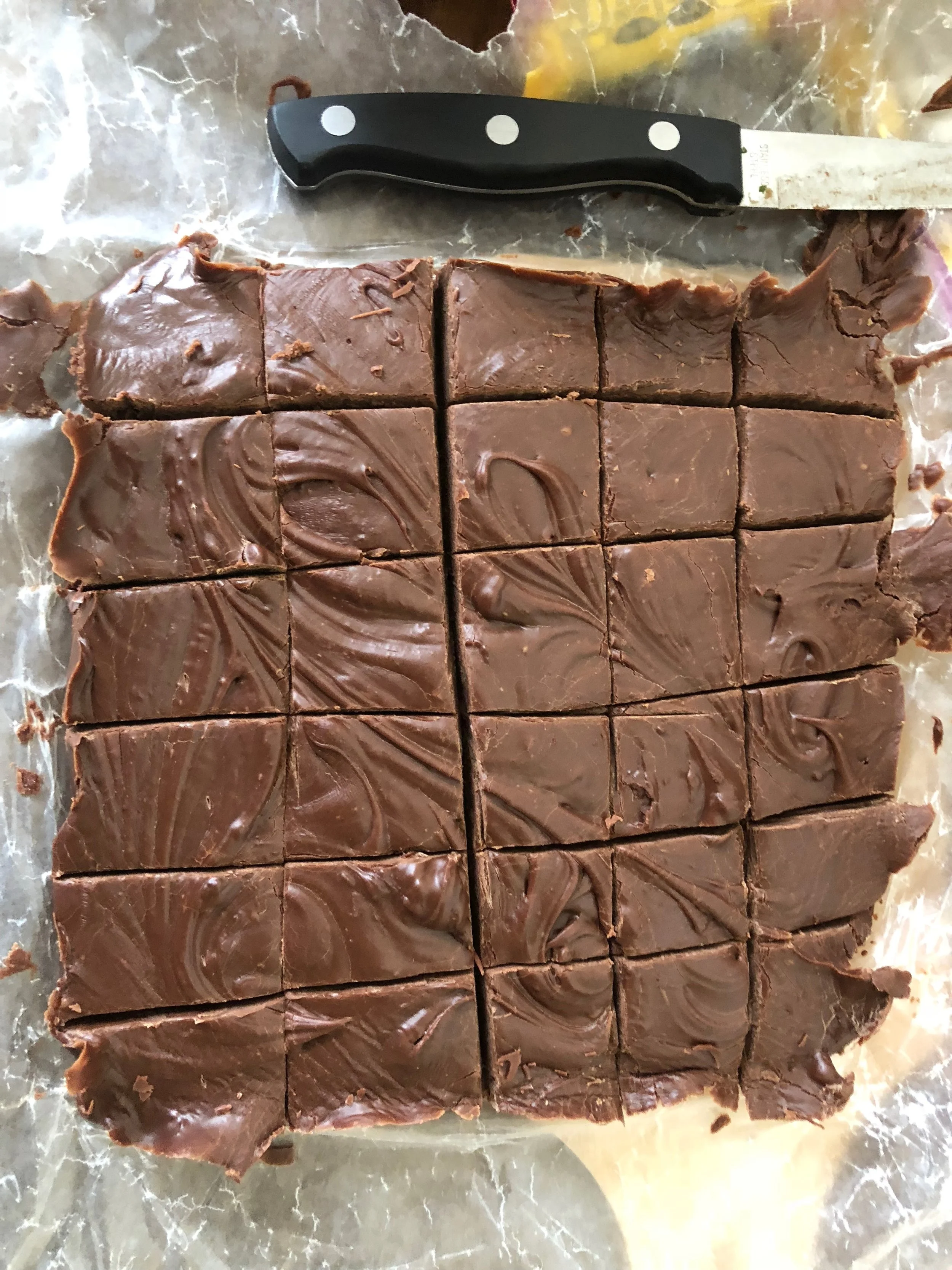 Cut the opposite direction to make approximately uniform squares of fudge.&nbsp;